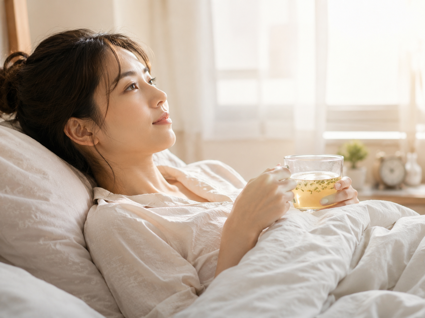 朝の光が差し込む寝室で、ハーブティーを飲みながらくつろぐ女性