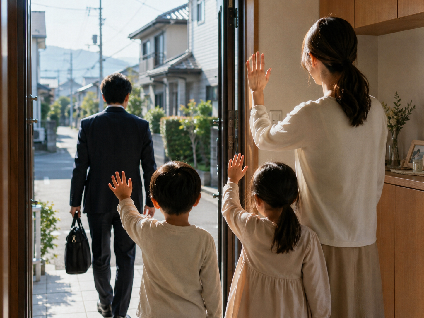 玄関で仕事に出かけるスーツ姿の父親の背中に向かって、手を振って見送る母親と2人の子ども