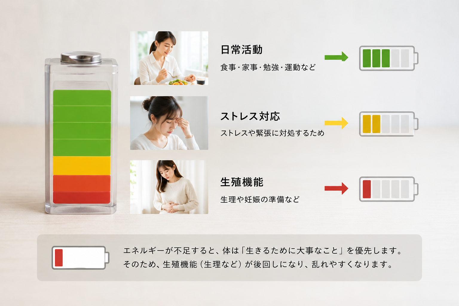 エネルギー分配の図解。日常活動(食事・家事など)は優先度高、ストレス対応(緊張への対処など)は中、生殖機能(生理や妊娠の準備など)は低。エネルギーが不足すると、体は生きるために大事なことを優先するため、生殖機能が後回しになり、乱れやすくなります。