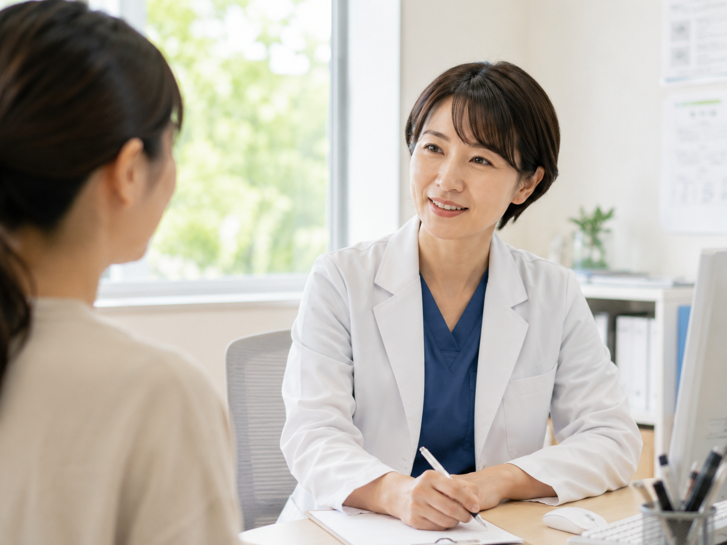 患者に親身に寄り添い、温かい表情でカウンセリングを行う女性医師