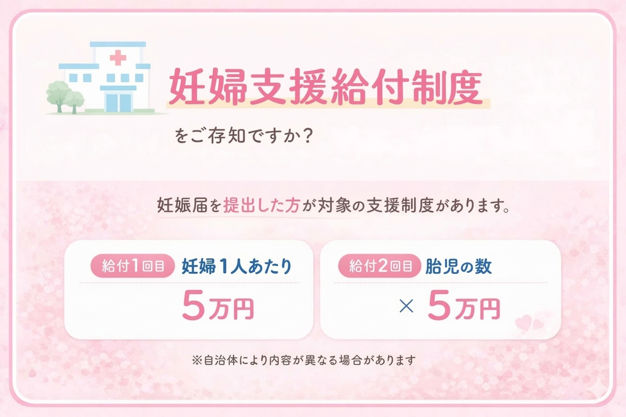 妊婦支援給付制度をご存知ですか? 妊婦1人あたり5万円、胎児の数につき5万円など、妊娠届を提出した方が対象の支援制度があります(※自治体により内容が異なる場合があります)